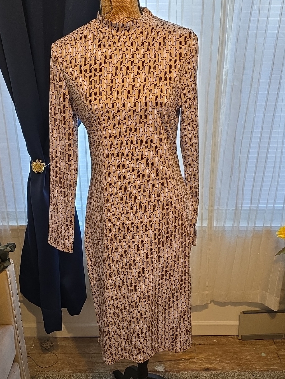 Long Sleeve Tan Geo-Print Midi Dress